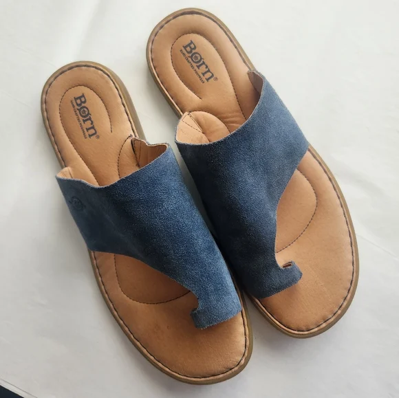 Born Sandals Size 10 Blue Suede Leather Toe Flat Slip On Comfortable Walking - Picture 1 of 9